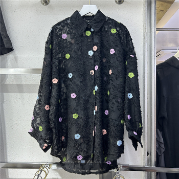 Шифонена блуза за жени с тежка бродерия, свободен силует, поло яка, дълги ръкави, средна дължина, есен 2024, свеж и сладък стил