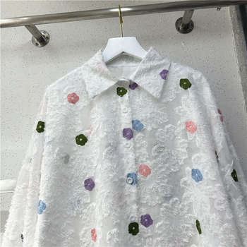 Шифонена блуза за жени с тежка бродерия, свободен силует, поло яка, дълги ръкави, средна дължина, есен 2024, свеж и сладък стил