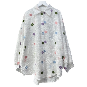 Шифонена блуза за жени с тежка бродерия, свободен силует, поло яка, дълги ръкави, средна дължина, есен 2024, свеж и сладък стил