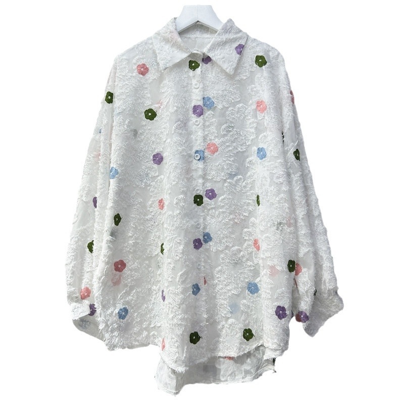Шифонена блуза за жени с тежка бродерия, свободен силует, поло яка, дълги ръкави, средна дължина, есен 2024, свеж и сладък стил
