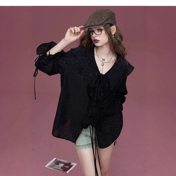 Bluză cu imprimeu leopard, decolteu în V, mâneci lungi, poliester, toamnă 2024, top casual pulover