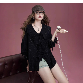 Bluză cu imprimeu leopard, decolteu în V, mâneci lungi, poliester, toamnă 2024, top casual pulover