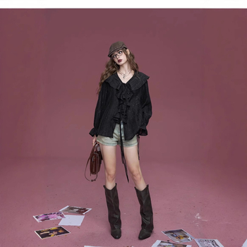 Bluză cu imprimeu leopard, decolteu în V, mâneci lungi, poliester, toamnă 2024, top casual pulover