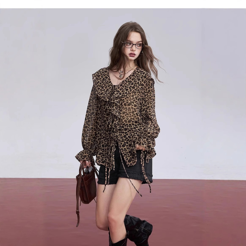 Bluză cu imprimeu leopard, decolteu în V, mâneci lungi, poliester, toamnă 2024, top casual pulover