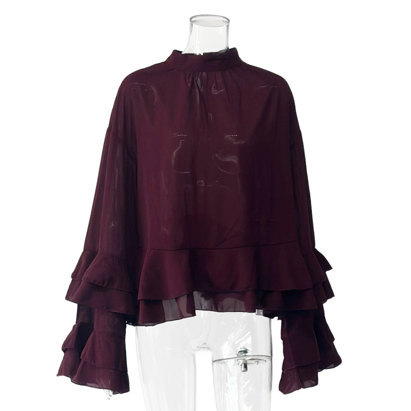 Блуза - шифон, полиестер+еластан, дълги ръкави, кръгла яка, ръкави с форма на лотосов лист