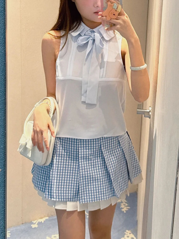 Ацетатен шифон риза с планка с връзки и катарами, фонарен ръкав, двойна яка, свободна кройка