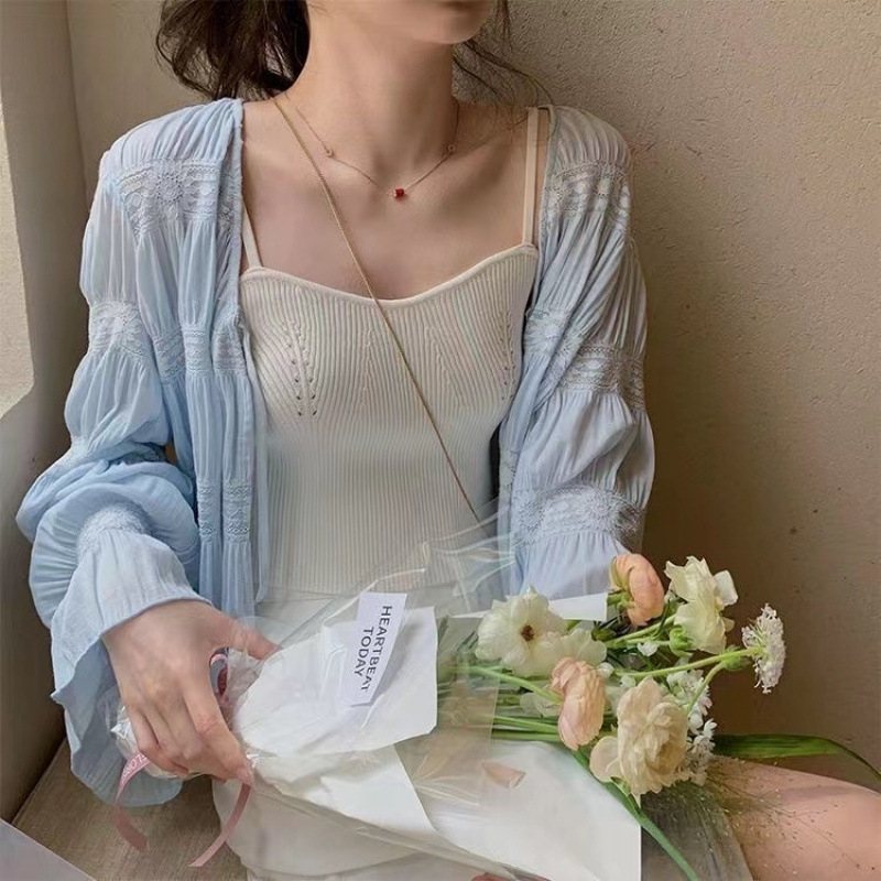 Top cardigan cu protecție solară, chiffon poliester 95%+, mâneci lungi, decolteu în V, stil urban