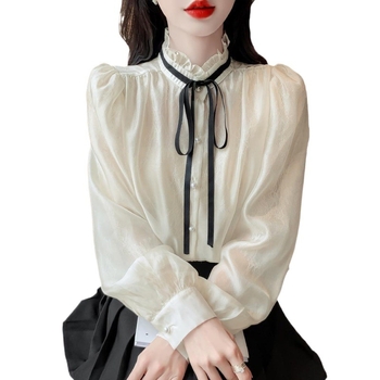 Cămașă din sifon pentru femei, guler cu stand și funda, material poliester, mâneci lungi