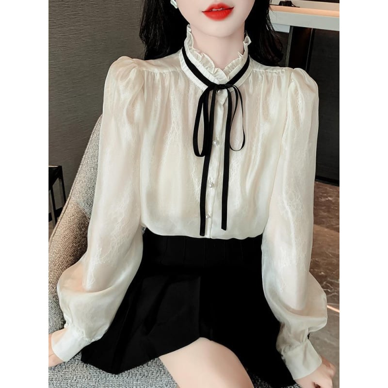 Cămașă din sifon pentru femei, guler cu stand și funda, material poliester, mâneci lungi