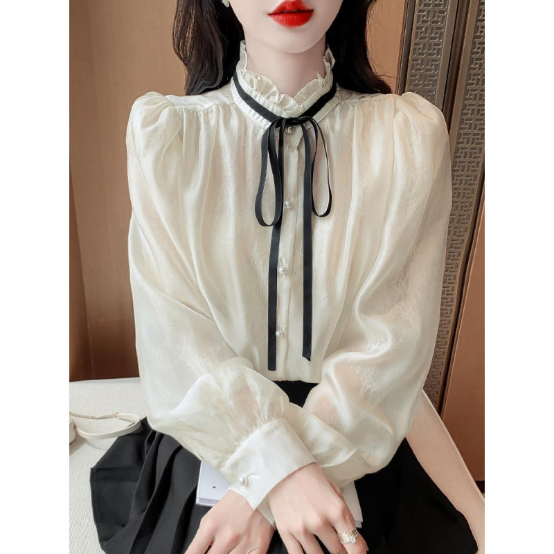 Cămașă din sifon pentru femei, guler cu stand și funda, material poliester, mâneci lungi