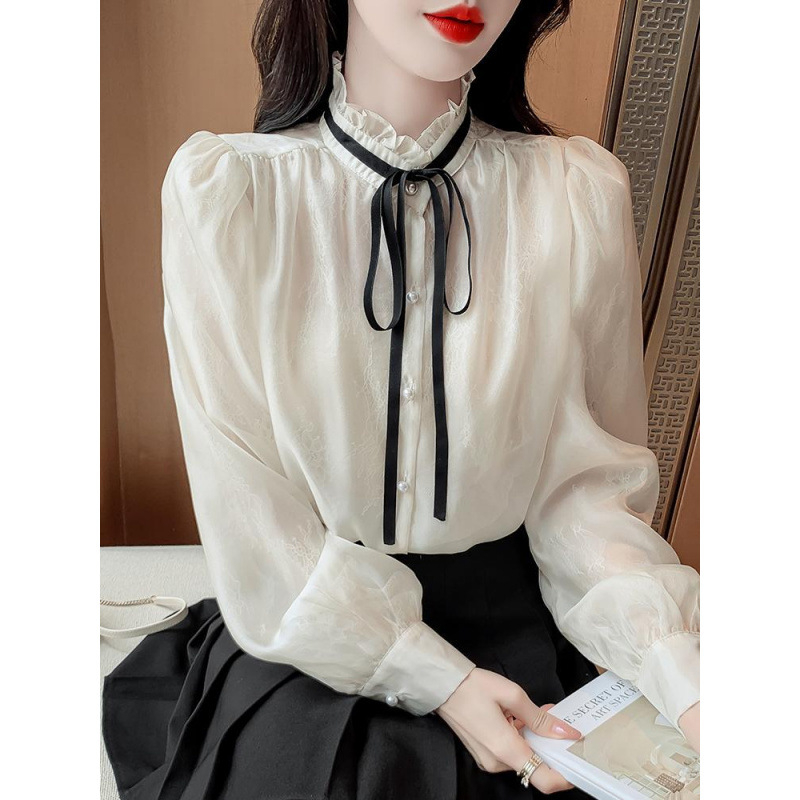 Cămașă din sifon pentru femei, guler cu stand și funda, material poliester, mâneci lungi