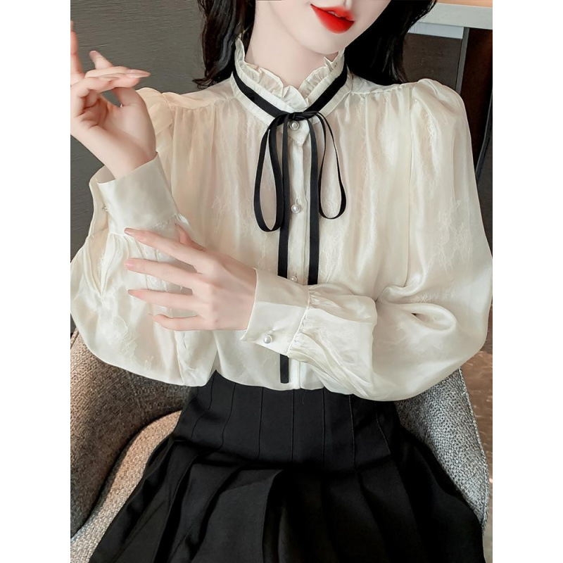 Cămașă din sifon pentru femei, guler cu stand și funda, material poliester, mâneci lungi