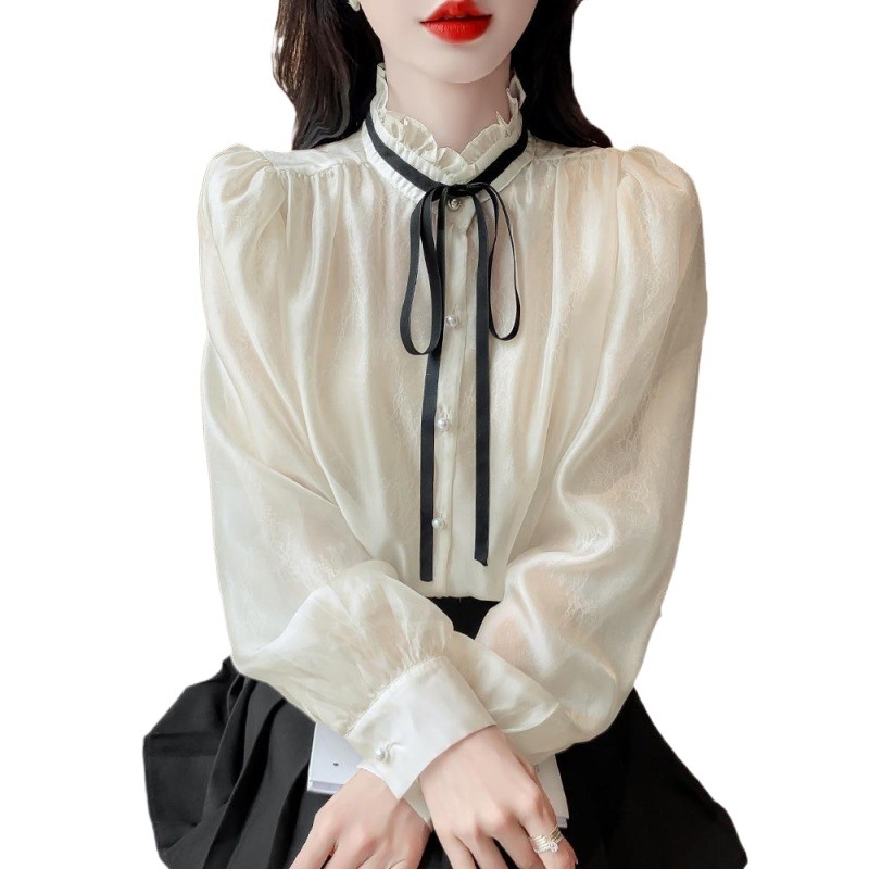 Cămașă din sifon pentru femei, guler cu stand și funda, material poliester, mâneci lungi