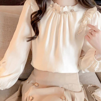 Bluza cu volane, mărgele și bretele; mâneci lungi; guler semi-turtleneck; imprimeu peisaj urban