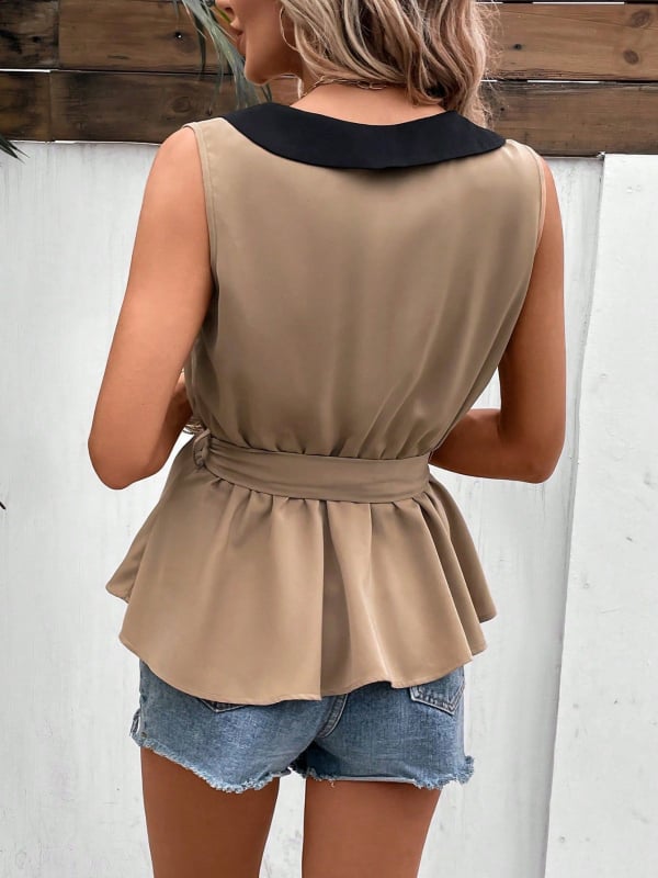 Риза без ръкави с V-образно деколте, талия с панделка, модел на райета/каре