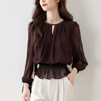 Top din poliester cu mânecă lungă, culoare solidă, stil Lotus Edge și urban, detaliu de adunare, guler halter, trage peste, cod 7181