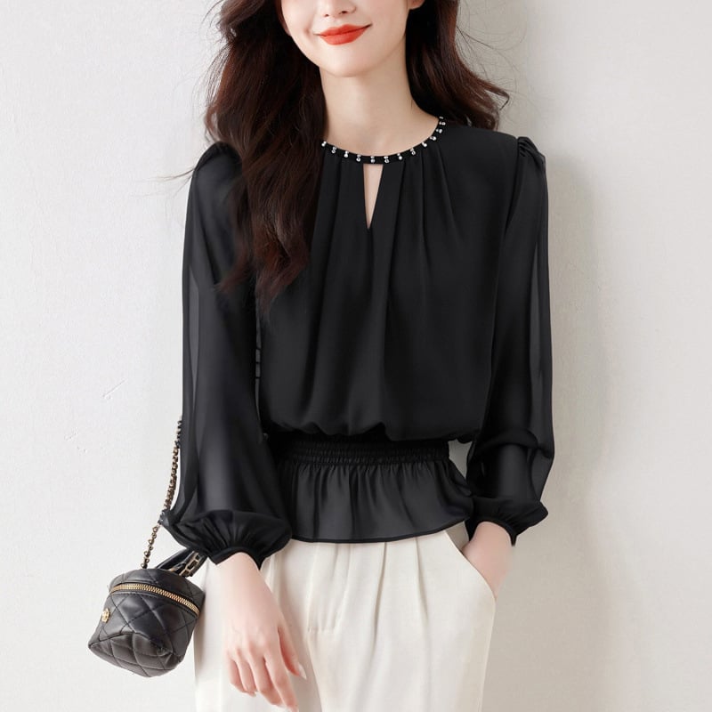 Top din poliester cu mânecă lungă, culoare solidă, stil Lotus Edge și urban, detaliu de adunare, guler halter, trage peste, cod 7181