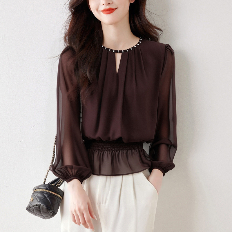 Top din poliester cu mânecă lungă, culoare solidă, stil Lotus Edge și urban, detaliu de adunare, guler halter, trage peste, cod 7181