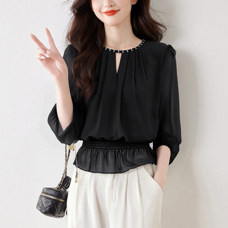 Top din poliester cu mânecă lungă, culoare solidă, stil Lotus Edge și urban, detaliu de adunare, guler halter, trage peste, cod 7181