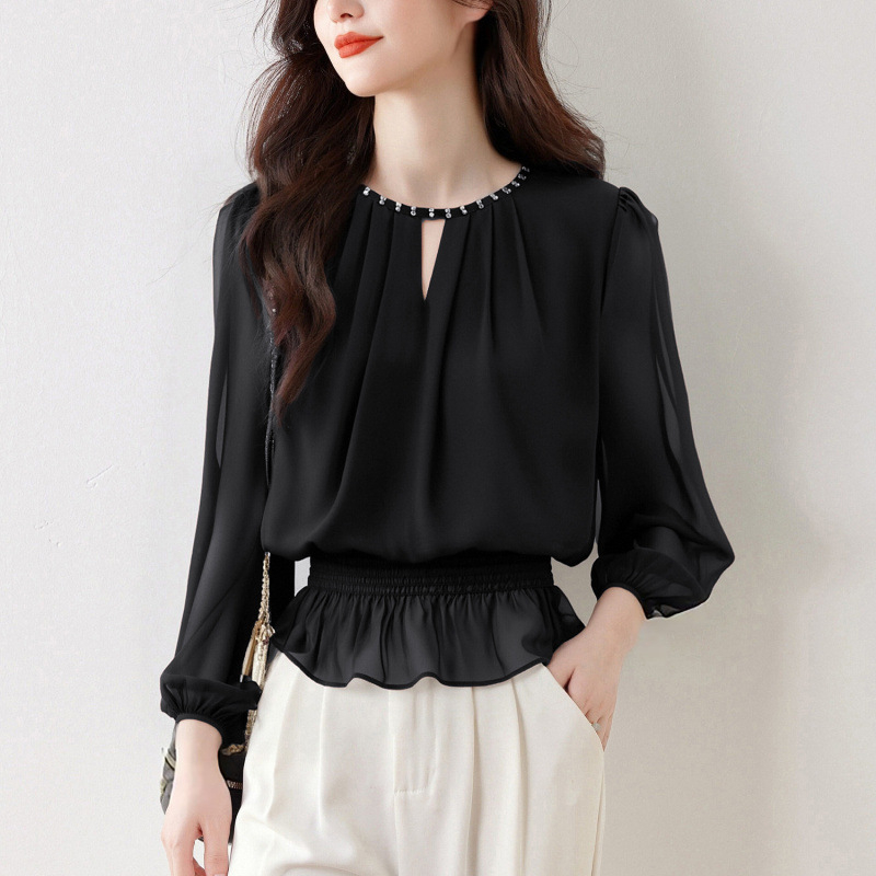 Top din poliester cu mânecă lungă, culoare solidă, stil Lotus Edge și urban, detaliu de adunare, guler halter, trage peste, cod 7181