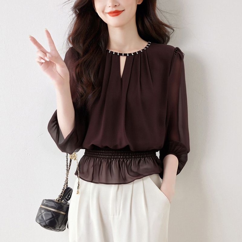 Top din poliester cu mânecă lungă, culoare solidă, stil Lotus Edge și urban, detaliu de adunare, guler halter, trage peste, cod 7181