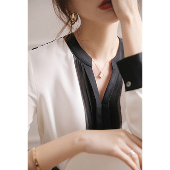 Дамска шифонена риза с V-образно деколте, смес ацетатни влакна и коприна Мулберри, дълъг ръкав, пуловер стил, едноцветна