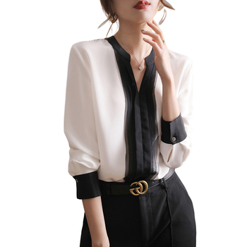 Дамска шифонена риза с V-образно деколте, смес ацетатни влакна и коприна Мулберри, дълъг ръкав, пуловер стил, едноцветна