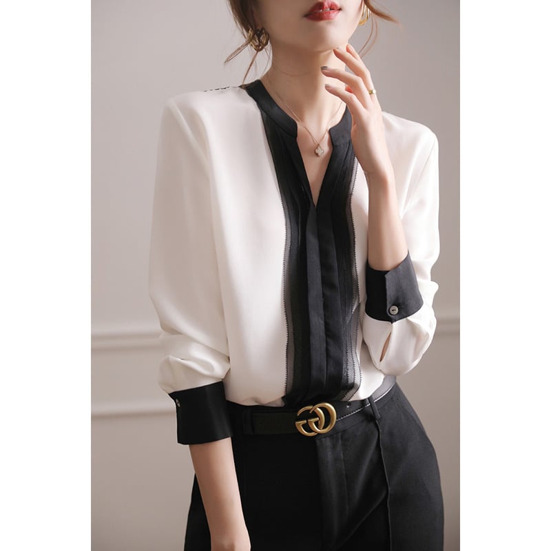 Дамска шифонена риза с V-образно деколте, смес ацетатни влакна и коприна Мулберри, дълъг ръкав, пуловер стил, едноцветна