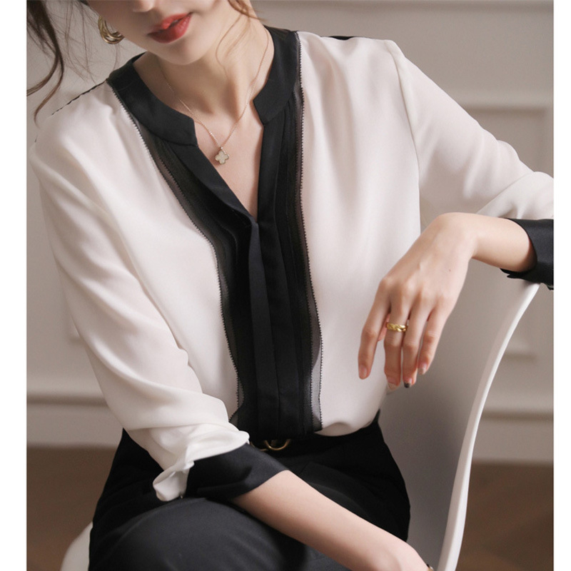 Дамска шифонена риза с V-образно деколте, смес ацетатни влакна и коприна Мулберри, дълъг ръкав, пуловер стил, едноцветна