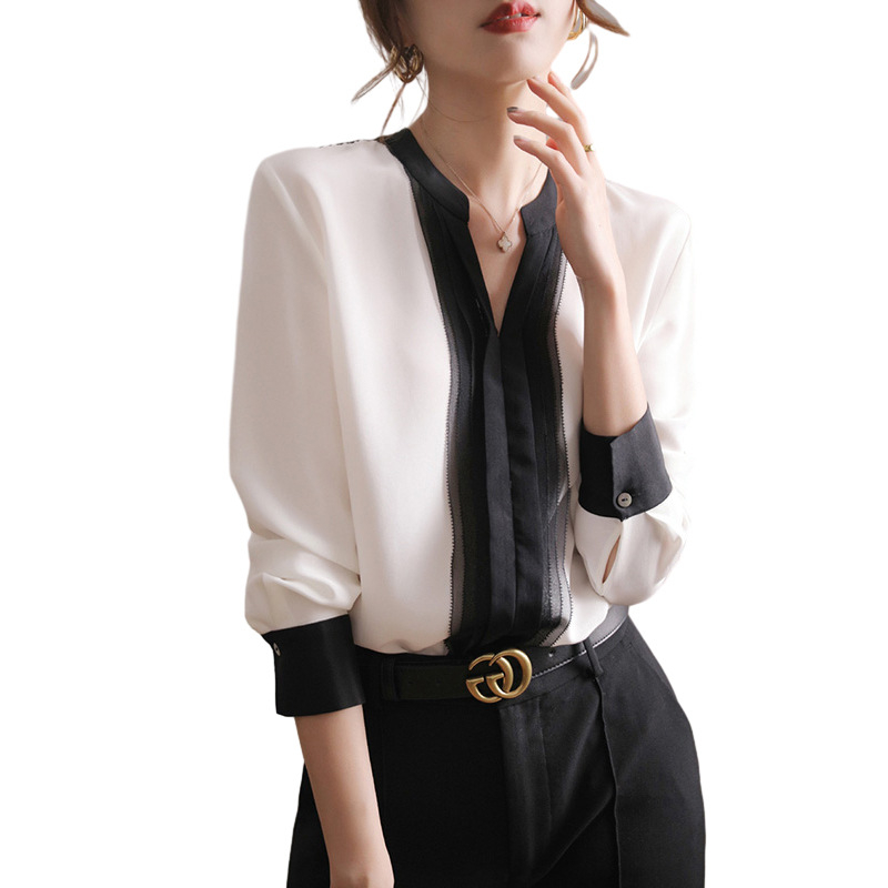 Дамска шифонена риза с V-образно деколте, смес ацетатни влакна и коприна Мулберри, дълъг ръкав, пуловер стил, едноцветна