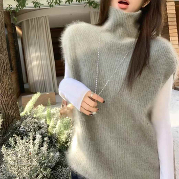 Безръкав жилет в корейски стил с висока яка, плътно плетено горнище, полиестер