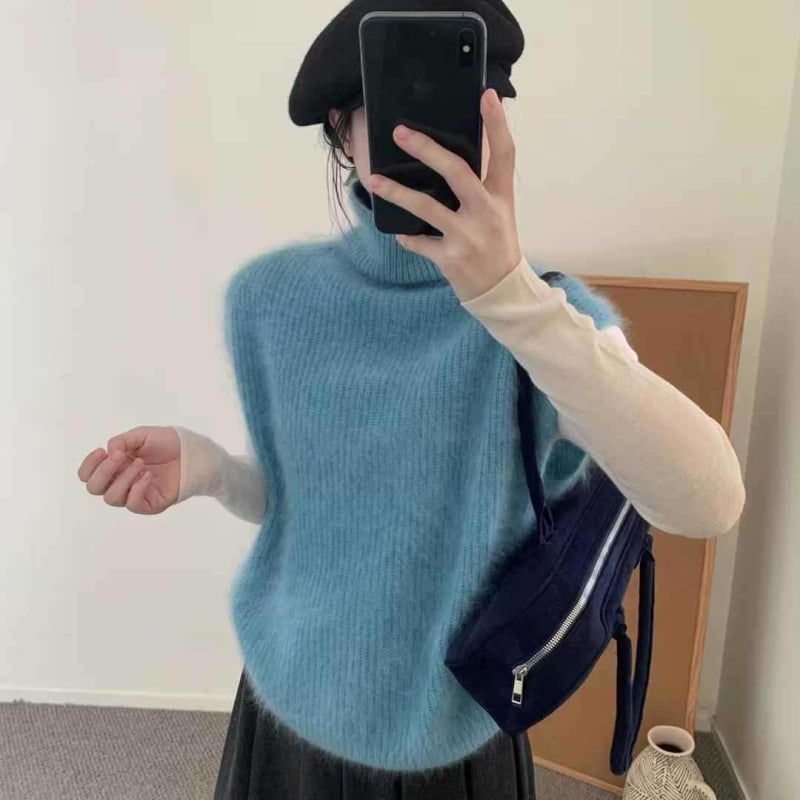 Безръкав жилет в корейски стил с висока яка, плътно плетено горнище, полиестер