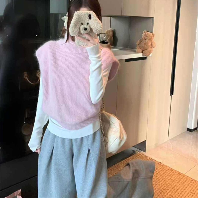 Безръкав жилет в корейски стил с висока яка, плътно плетено горнище, полиестер