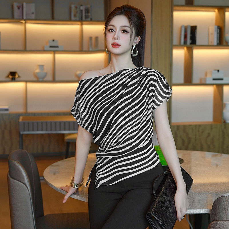 Top de damă din chiffon, cu dungi, guler înclinat, mâneci trei sferturi, croială lejeră