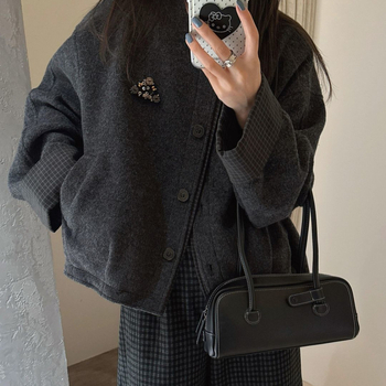 Fekete női kabát pamut-poliészter keverékből, 3D mintázattal, Hepburn és koreai stílussal, közepes vastagságú, zipzárral