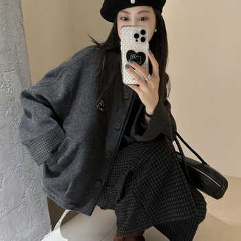 Fekete női kabát pamut-poliészter keverékből, 3D mintázattal, Hepburn és koreai stílussal, közepes vastagságú, zipzárral