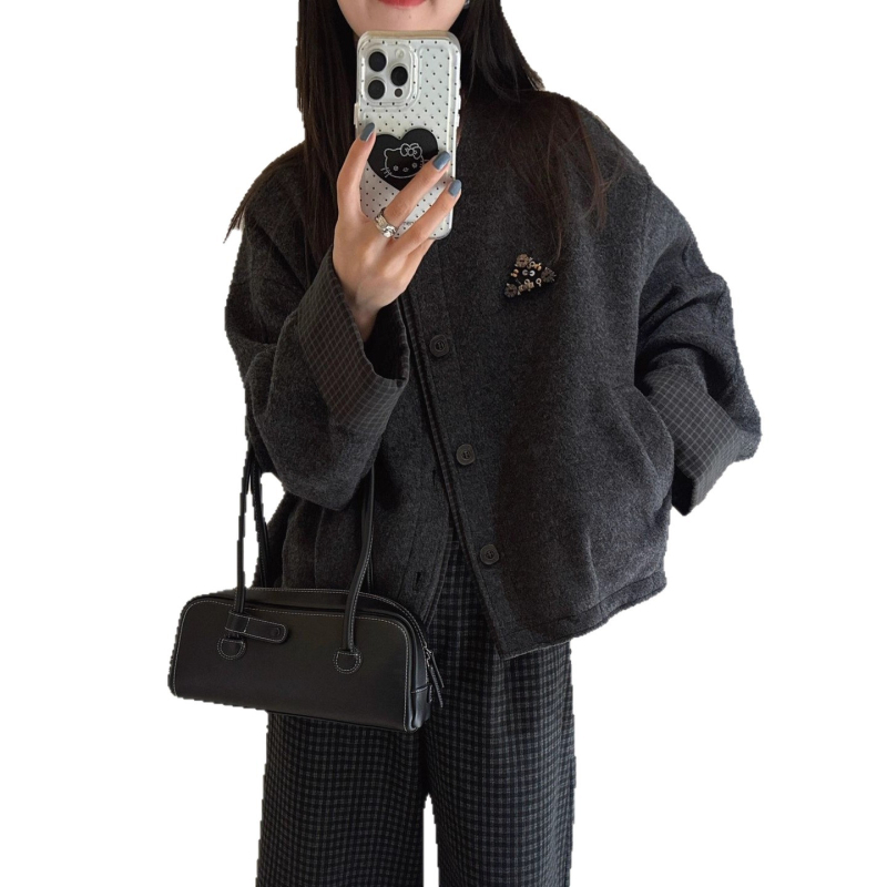 Fekete női kabát pamut-poliészter keverékből, 3D mintázattal, Hepburn és koreai stílussal, közepes vastagságú, zipzárral