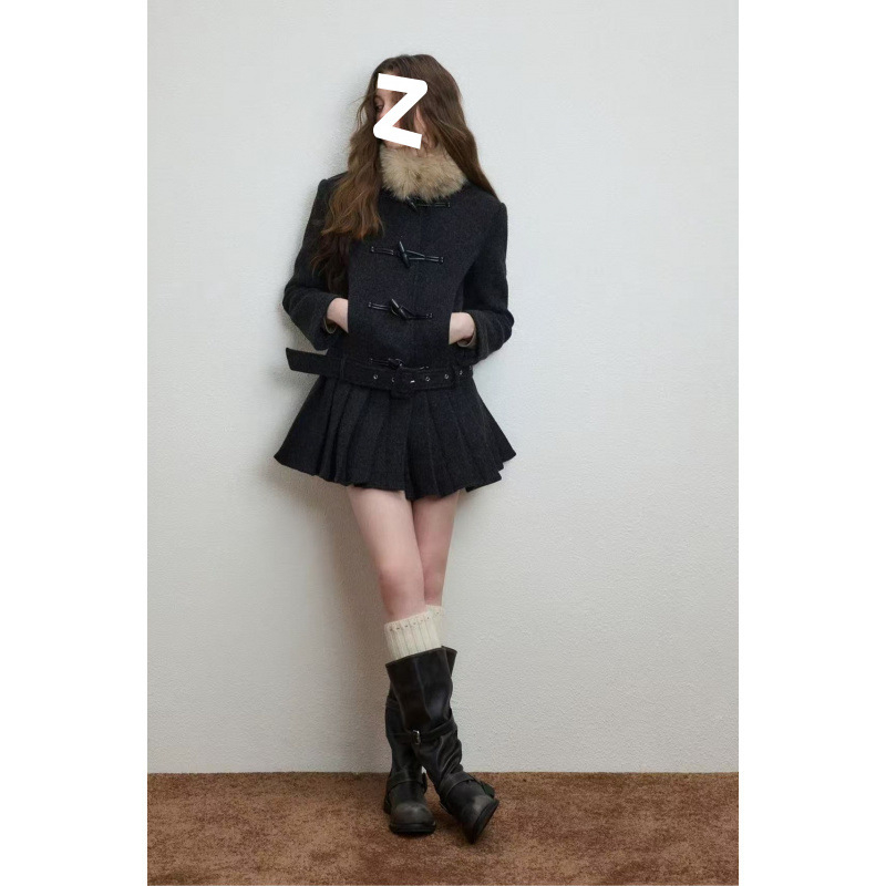 Női gyapjú kabát műszőrmés gallérral (szűk szabás, hosszított fazon, vastag gyapjúanyag)