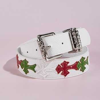 Férfi PU bőr öv ötvözet csattal, snap zárás, kereszt virág mintás punk stílus, nyár 2025