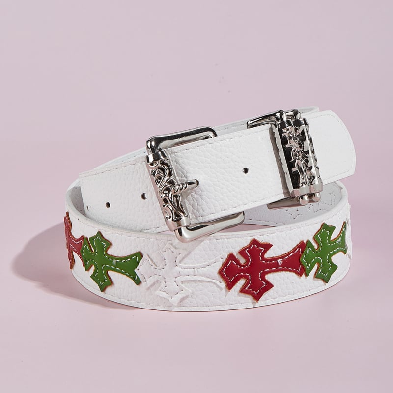 Férfi PU bőr öv ötvözet csattal, snap zárás, kereszt virág mintás punk stílus, nyár 2025
