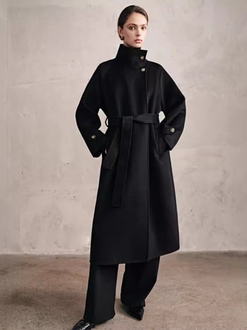 Női gyapjú tweed kabát 3D mintával, középhosszú, állógalléros, vasalásmentes