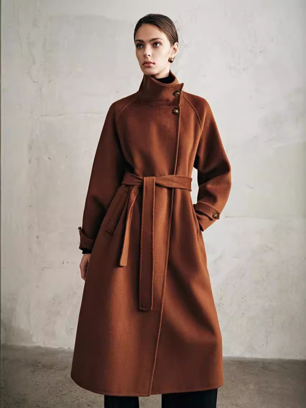 Női gyapjú tweed kabát 3D mintával, középhosszú, állógalléros, vasalásmentes