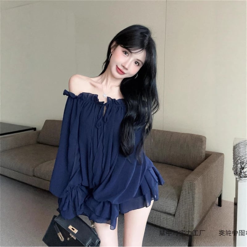 Bluza de femei din chenille tricotată – guler One-Shoulder, mâneci lungi, mâneci în stil prințesă, croială normală, pulover, primăvara 2025