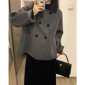 Ženski kratki kaput od poliestera – dugi rukavi, dvostruko kopčanje, kratka duljina, japansko-korejski ležerni stil