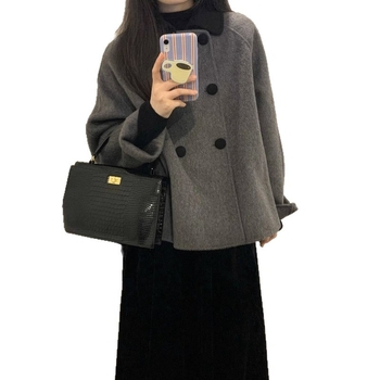 Ženski kratki kaput od poliestera – dugi rukavi, dvostruko kopčanje, kratka duljina, japansko-korejski ležerni stil