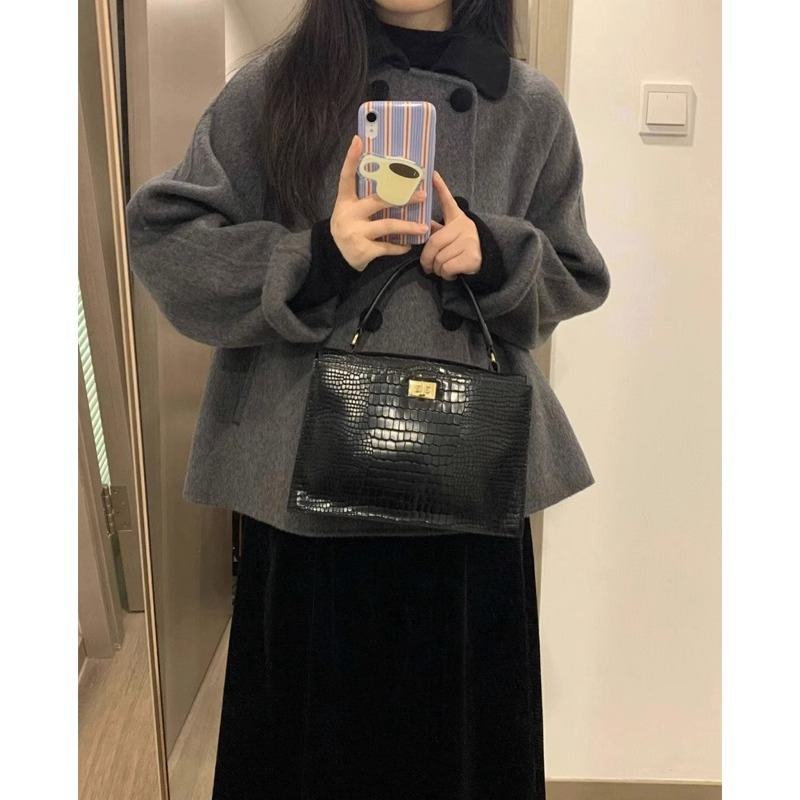 Ženski kratki kaput od poliestera – dugi rukavi, dvostruko kopčanje, kratka duljina, japansko-korejski ležerni stil