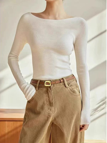 Gyapjú pulóver, egyszínű kötött, hosszú ujjú, szűk fazon