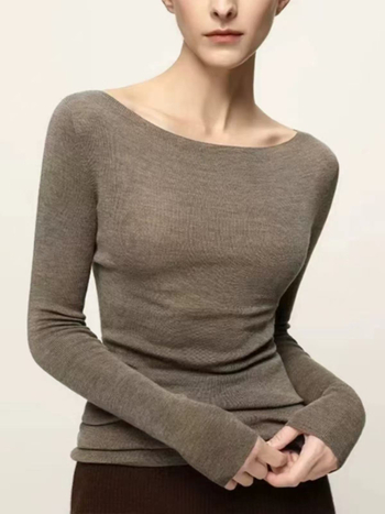 Gyapjú pulóver, egyszínű kötött, hosszú ujjú, szűk fazon