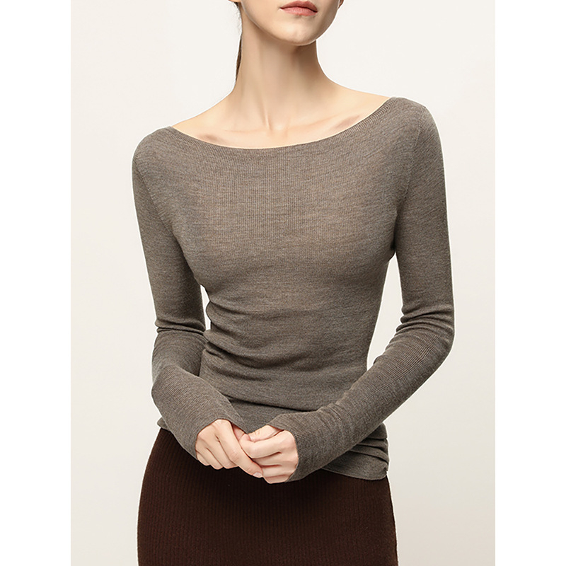 Gyapjú pulóver, egyszínű kötött, hosszú ujjú, szűk fazon