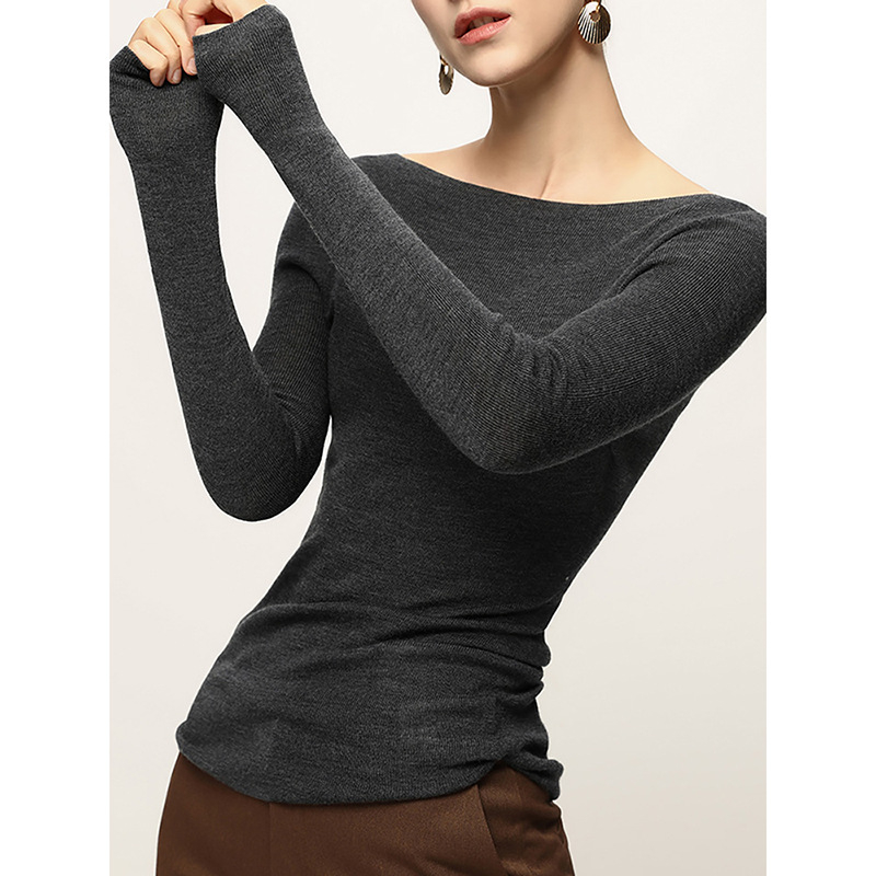 Gyapjú pulóver, egyszínű kötött, hosszú ujjú, szűk fazon